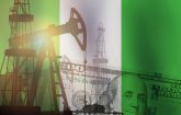 Crude oil and petroleum concept. Pump jack, US dollar notes and Nigeria flag background